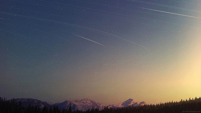silhouette of mountains during night time, stars, shooting stars, space, mountains, forest, sunlight, sky, landscape, nature, watermarked, DeviantArt, HD wallpaper